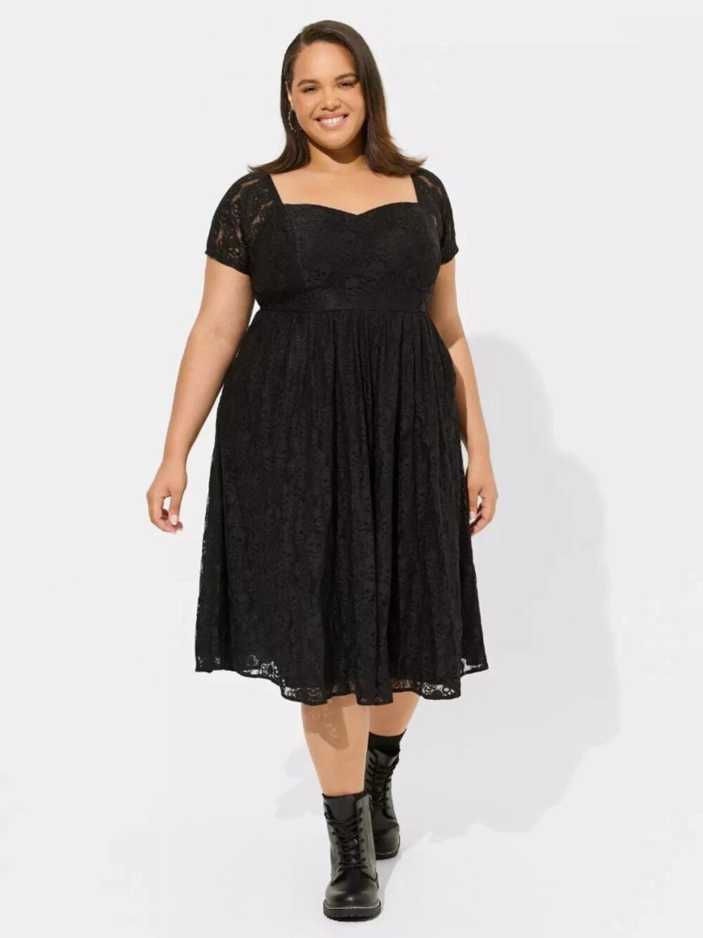 Torrid (6X 30) Betsey Johnson‎ Black Lace Skull Midi Cocktail Party Dress Goth